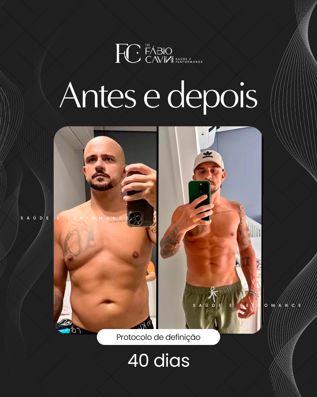 Duas fotografias de evolução de definição corporal compartilhadas por um paciente