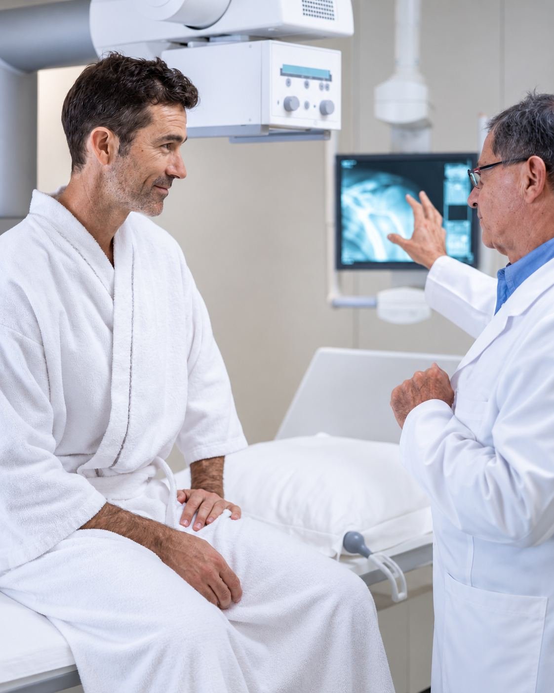 Médico explicando exames de imagem a um paciente