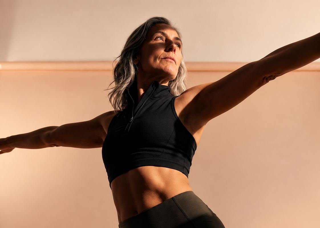 Mulher madura em movimento, braços abertos, com força e equilíbrio